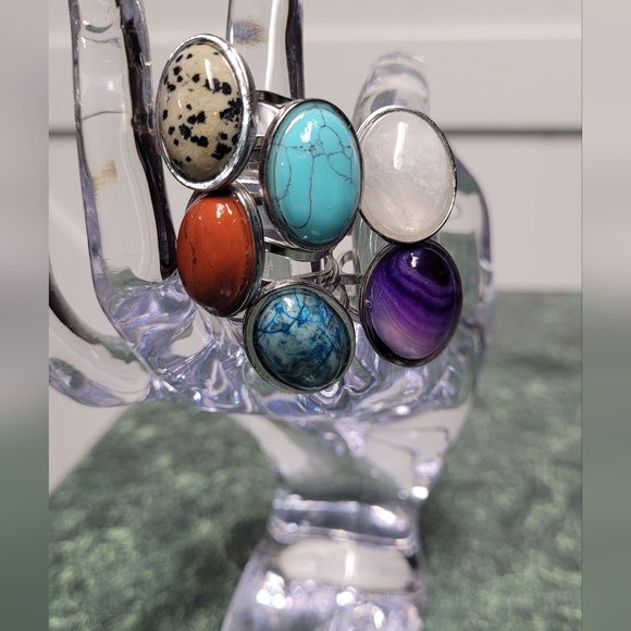 Multi-Variety Stone Silver Stainless Steel Rings Size 7-8 - Picture 7 of 16